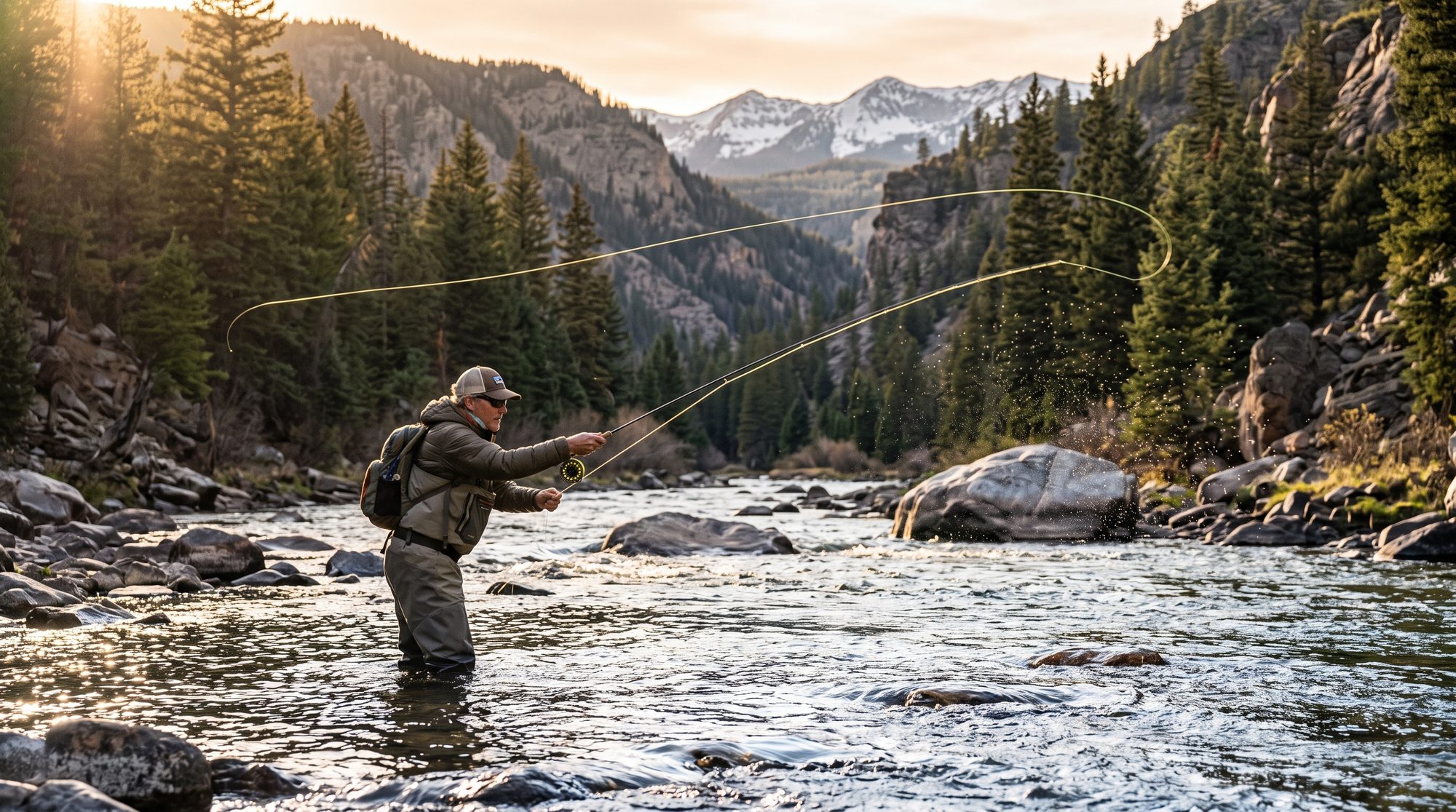A fly angler casting on a clear Colorado tailwater river below snowy peaks at golden hour