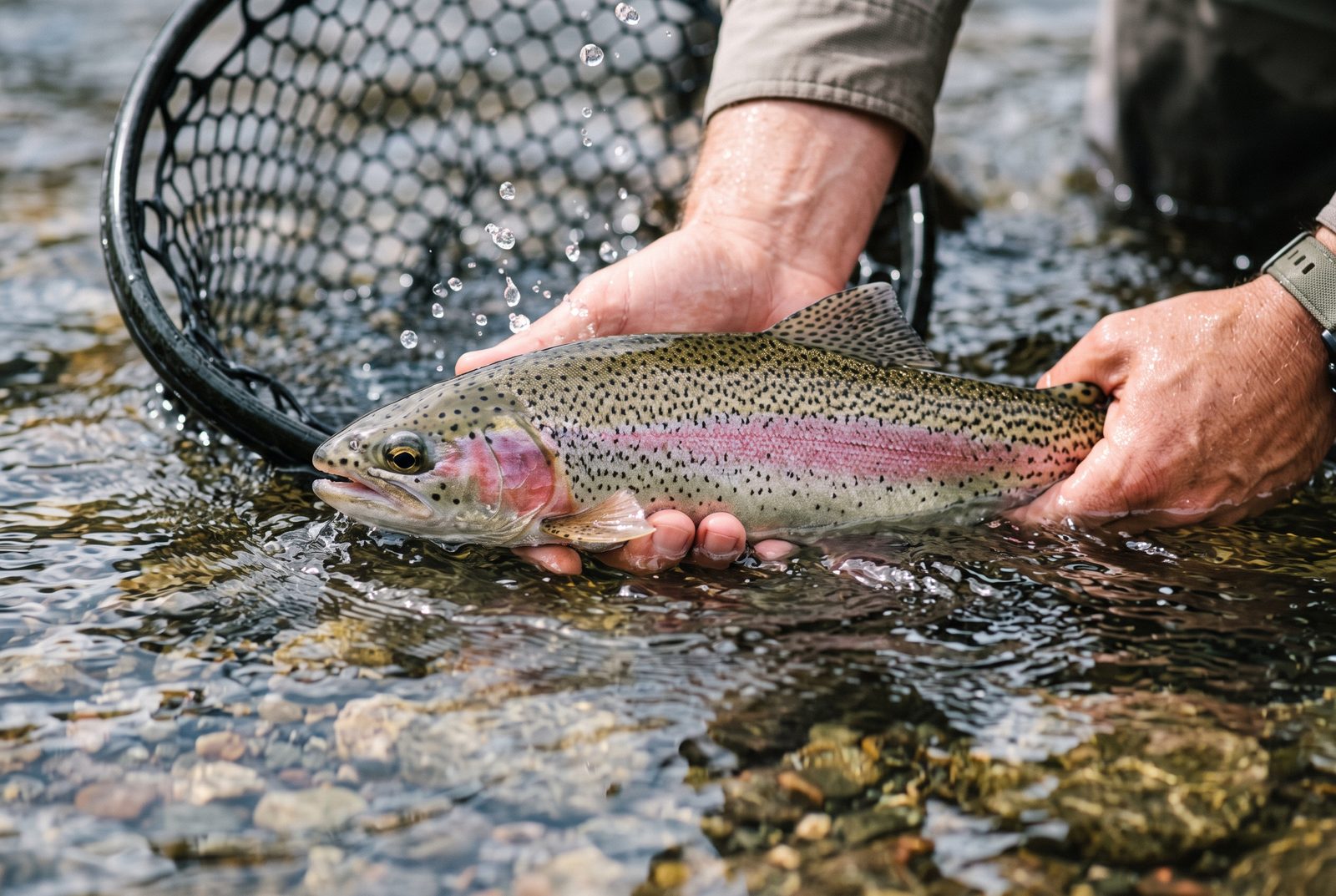 A wild Colorado rainbow trout being released in clear tailwater